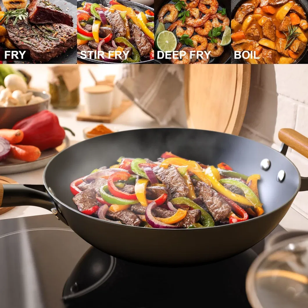 Induction Wok Pan Cast Iron Pre-Seasoned Home Cooking with Wooden Handle Cookware Woks Round Bottom