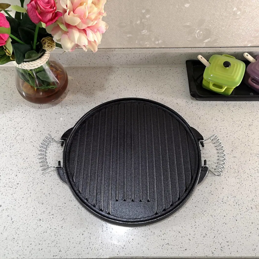 Wholesale Non Stick Cast Iron Camping Round Frying Pan Pre Seaoned Griddle Grill Pan with Removable Cool-Touch Handles for Outdoor and Kitchen Cooking