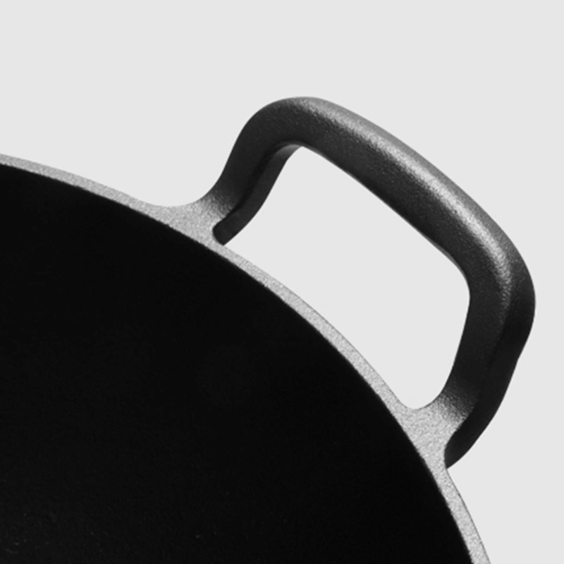 32cm Pre-Seasoned Round Bottom Cast Iron Woks Large Stir Fry Pan with Wood Handle