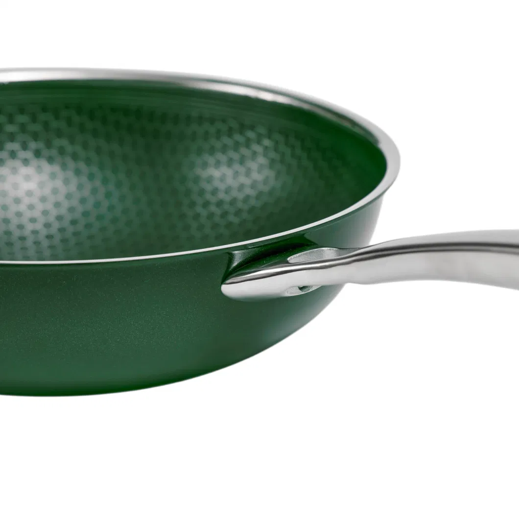 Nonstick Honey Comb Coating Stainless Steel Blackish Green Ceramic Outer Layer Wok