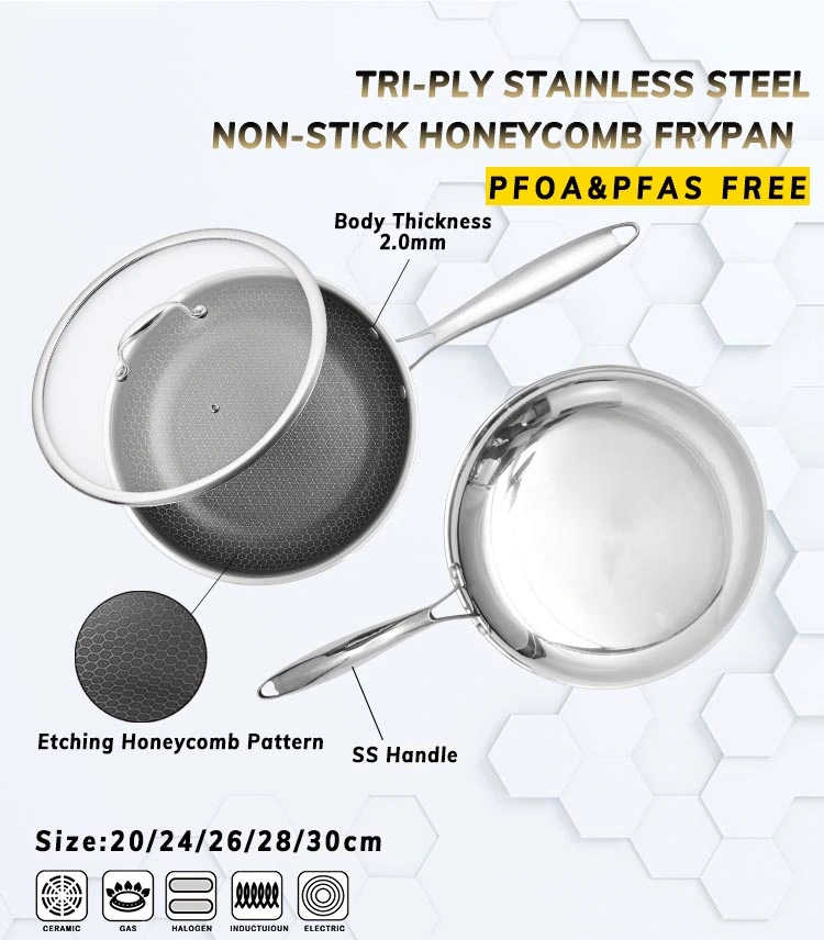 Pfoa Free Tri-Ply Stainless Steel Mirror Polishing Hybrid Non Stick Whitford Coating Frying Pan with Lid