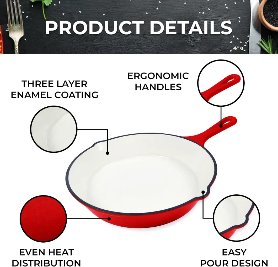 Enameled Cast Iron Skillet Round Frying Pan for Kitchen Multipurpose Cooking Pan with Porcelain Enamel Coating and Pour Spout