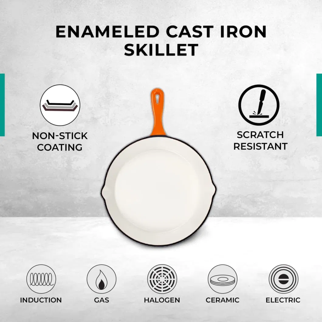 Enameled Cast Iron Skillet Round Frying Pan for Kitchen Multipurpose Cooking Pan with Porcelain Enamel Coating and Pour Spout