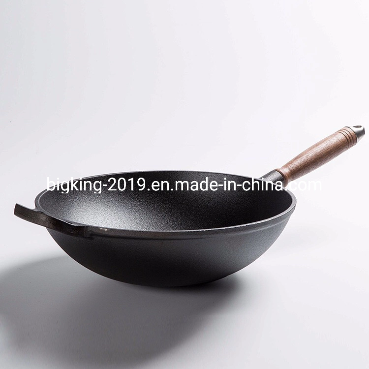 12 Inch China Flat Bottom Cast Iron Pre-Seasoned Wooden Handle Frying Wok with Assist Handle Glass Lid