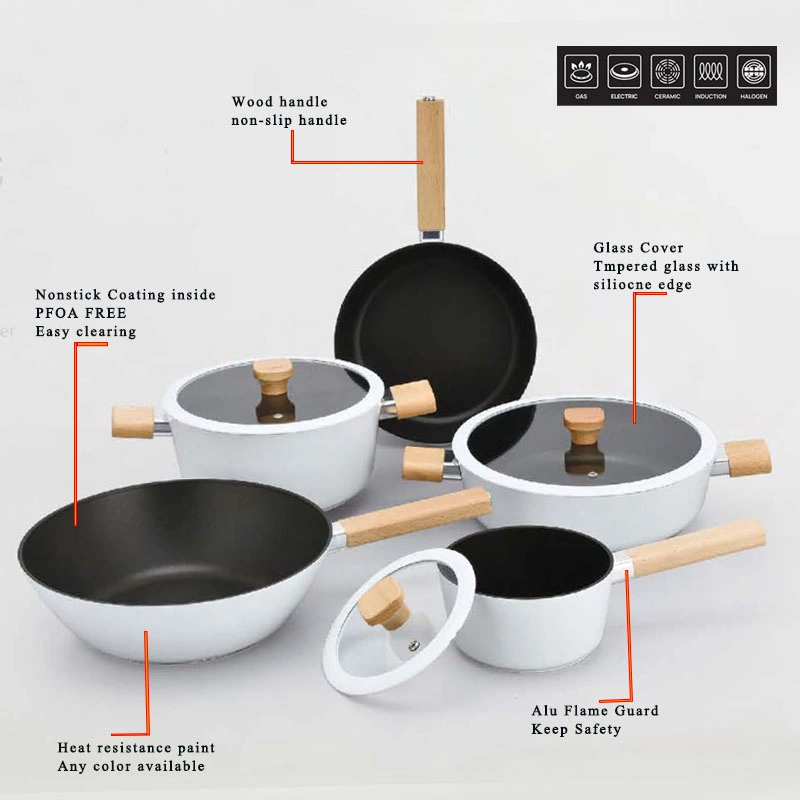 Aluminum Induction Nonstick Saute Sauce Pan Dutch Oven Frying Pan with Silicone Glass Cover and Wood Handles