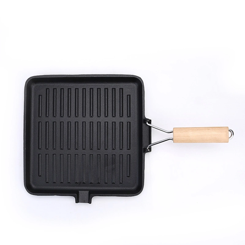 Detachable Wooden Folding Handle Camping Cast Iron Frying Grill Pan Skillet