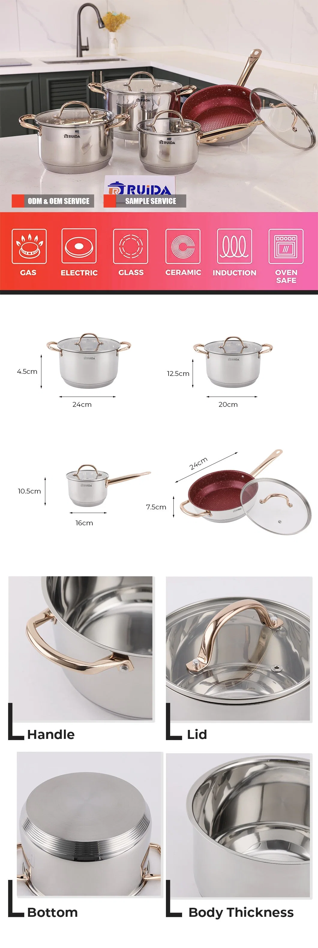 Custom Design Kitchen Utensils Frying Pan Stainless Steel Cookware Set with Gold Handle