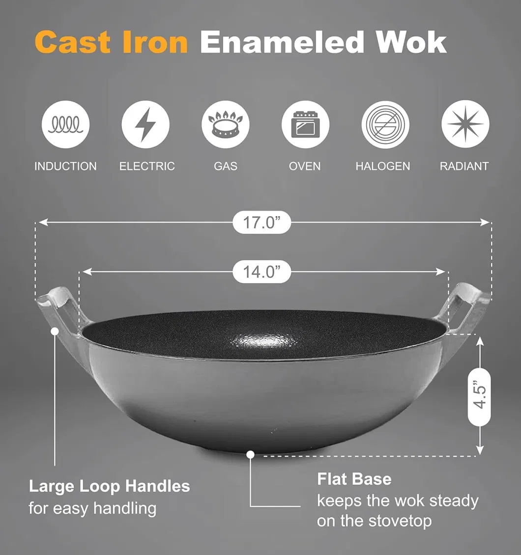 2024 Hot Sale China Wok Wholesale High Quality Non Stick Pre-Seasoned Cast Iron Wok with Double Handles and Wooden Lid