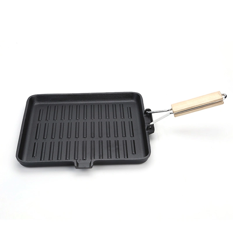 Detachable Wooden Folding Handle Camping Cast Iron Frying Grill Pan Skillet