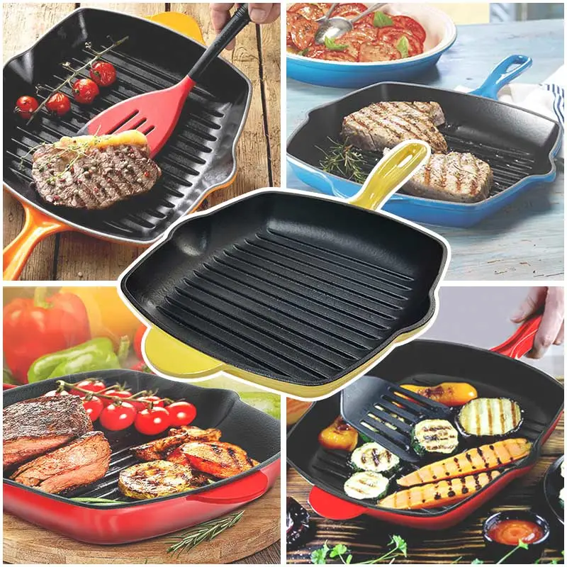 Factory Price High Quality 26cm Red Enamel Cookware Cast Iron Square BBQ Steak Grill Pan Non Stick Frying Pan for Home Kitchen