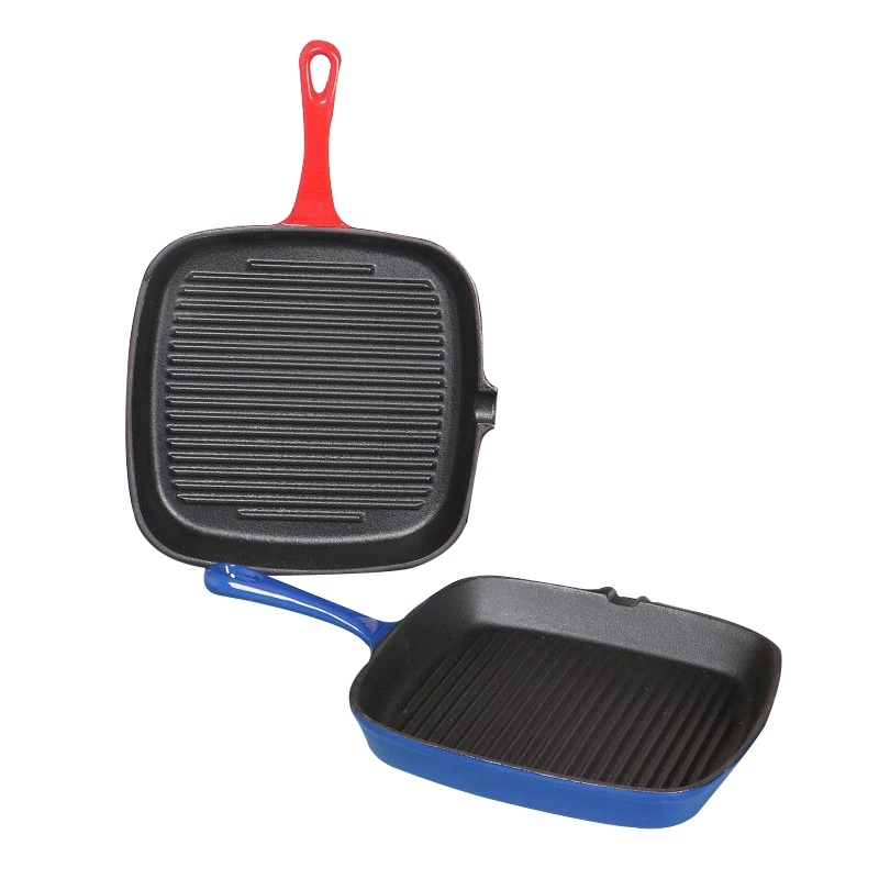 Factory Price High Quality 26cm Red Enamel Cookware Cast Iron Square BBQ Steak Grill Pan Non Stick Frying Pan for Home Kitchen