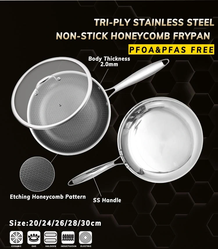 Manufacturers Wholesale Pfoa Free Coating Stainless Steel Honeycomb Non-Stick Frying Pan with Lid