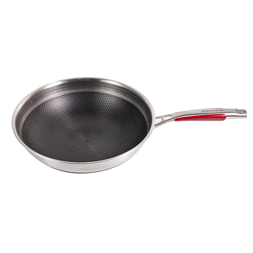 Factory Manufacture Stainless Steel Cookware Red Long Handled Wok with Lid