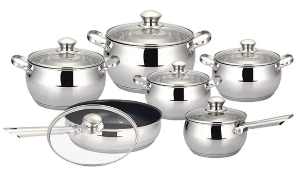 Stainless Steel Belly Shaped 12PCS Cookware Set - Apple Shape Kitchen Appliance Cooking Pot and Non Stick Fry Pan in Matt or Polish Finish, Induction Compatible