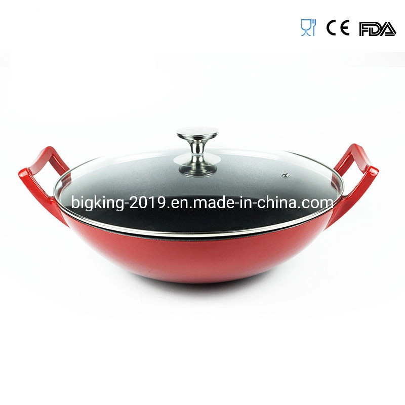 14 Inch Eco Friendly Red Enamel Cast Iron Wok with Lid
