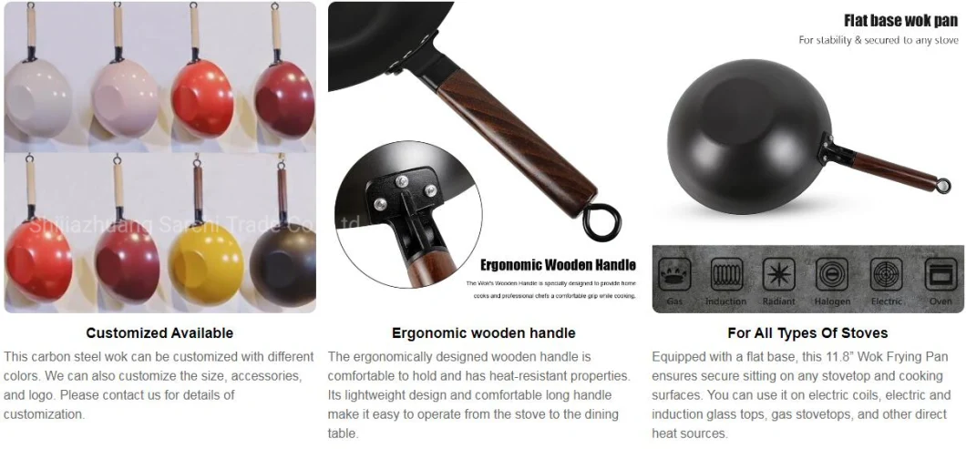 Nonstick Lightweight Rustproof Carbon Steel Wok with Wooden Handle