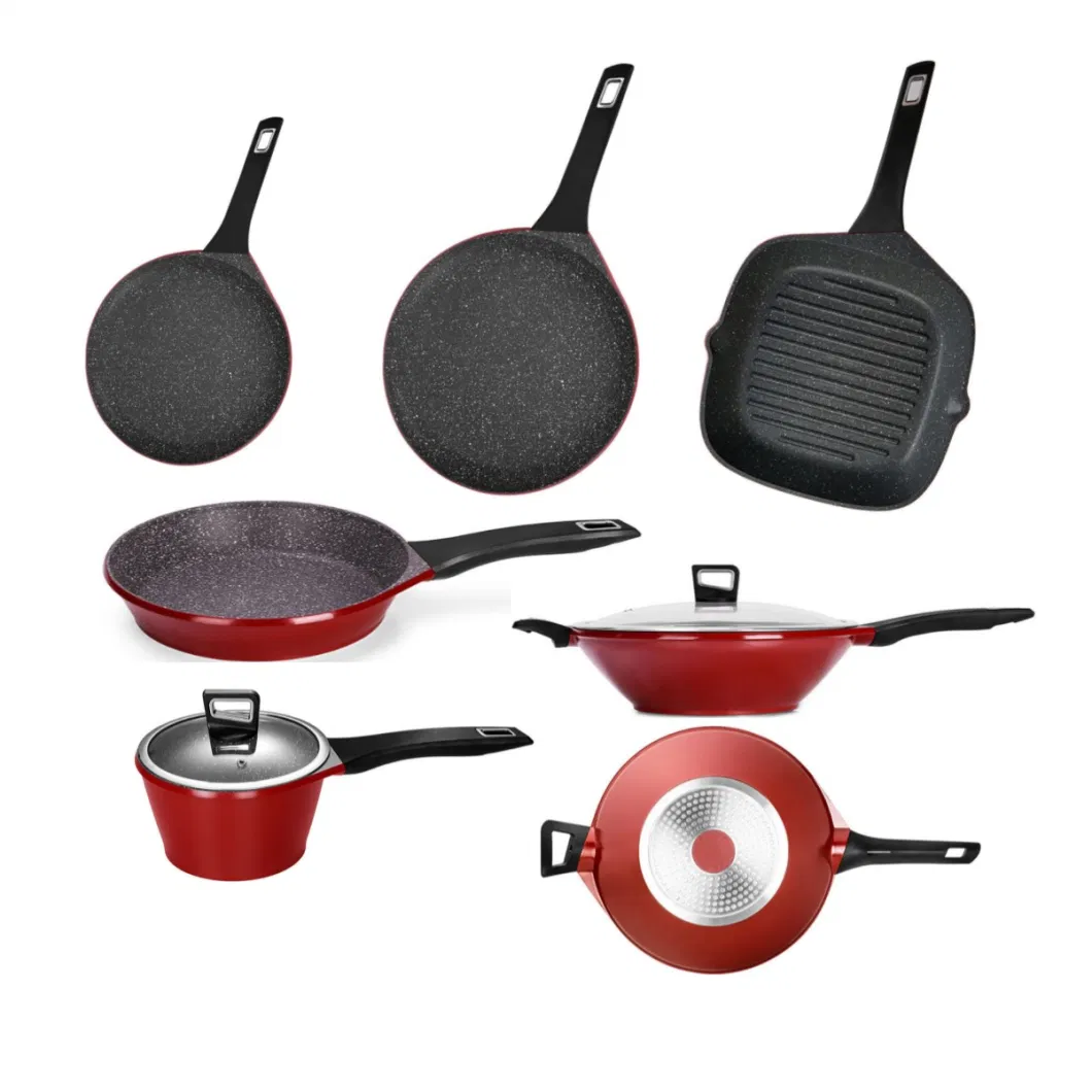 Red Color Die-Cast Aluminum Cookware Set New Style Soft Touch Handle Pots and Pans for Cooking with Induction Bottom