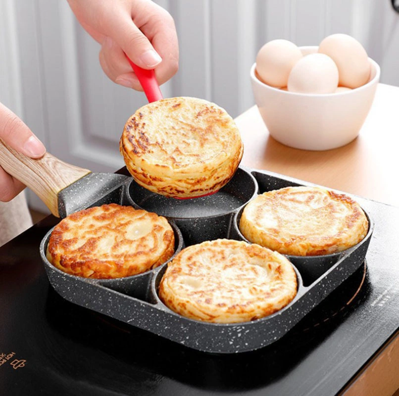 4 Holes Aluminium Alloy Non-Stick Egg Frying Pan, Multifunctional Omelette Pan with Soft Touch Handle