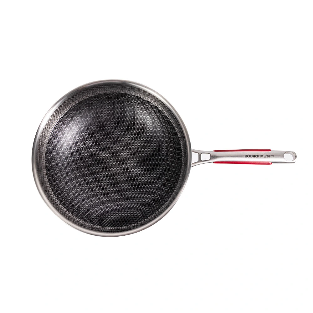 Factory Manufacture Stainless Steel Cookware Red Long Handled Wok with Lid