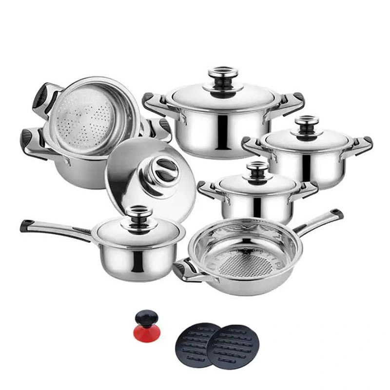 16 Pieces Stainless Steel Cookware Sets with Frying Pans Saucepan Stockpot Saute Pan with Thermometer Lid