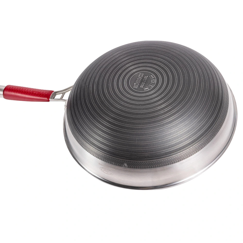 Factory Manufacture Stainless Steel Cookware Red Long Handled Wok with Lid