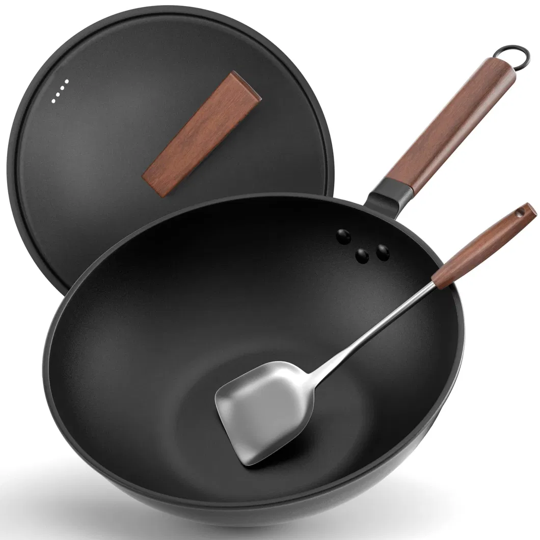 Carbon Steel Wok Stir-Fry-Pan with Lid Flat Bottom Cookware Electric Gas Available