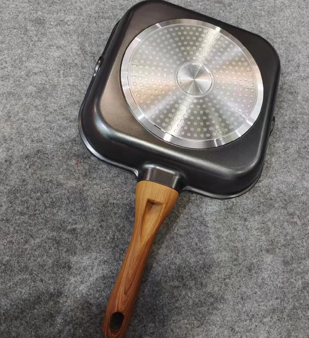 New Style Beef Fry Pan Die -Cast Frying Pan with Wooden Handle Suquare Non-Stick Grill Pan