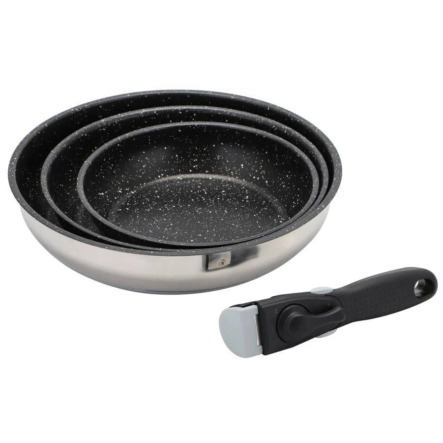 3PCS Cookware Sets Stainless Steel Frypan Multi Granite Nonstick Frying Pan with Removable Handle