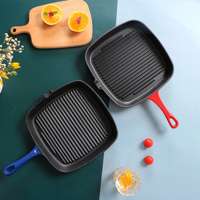 Factory Price High Quality 26cm Red Enamel Cookware Cast Iron Square BBQ Steak Grill Pan Non Stick Frying Pan for Home Kitchen