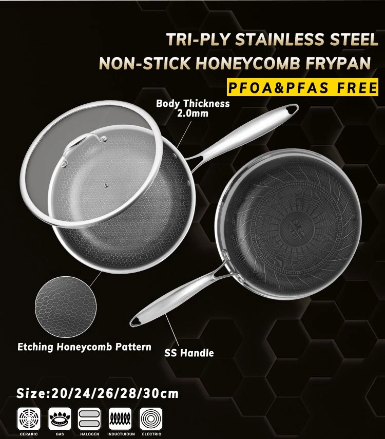 Factory Wholesale 3 Ply 304 Stainless Steel Double Etching Non Stick Coating Honeycomb Frying Pan with Lid