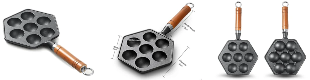 7-Hole Cake Cooking Pan Cast Iron Omelette Pan Non-Stick Grill Takoyaki Pan with Wooden Handle