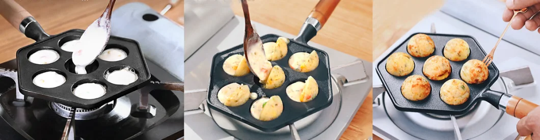 7-Hole Cake Cooking Pan Cast Iron Omelette Pan Non-Stick Grill Takoyaki Pan with Wooden Handle