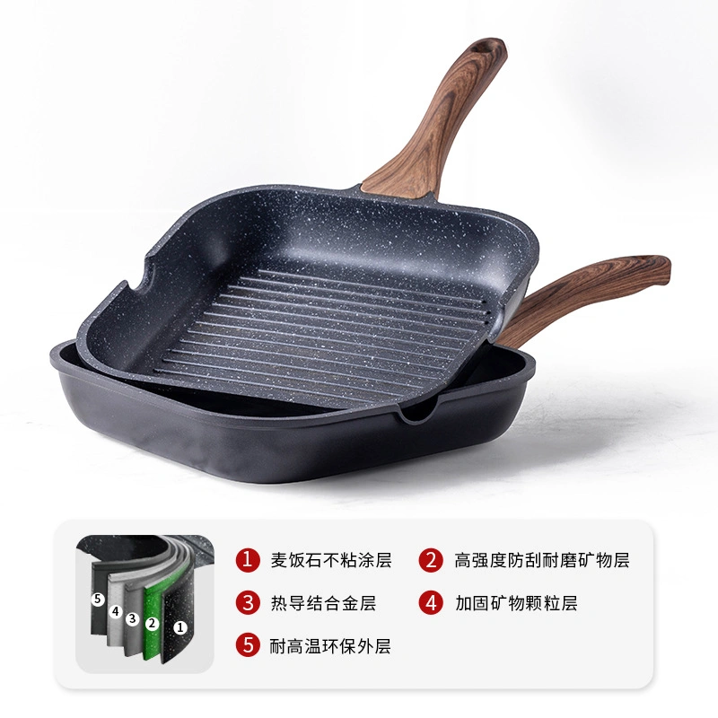 New Style Beef Fry Pan Die -Cast Frying Pan with Wooden Handle Suquare Non-Stick Grill Pan