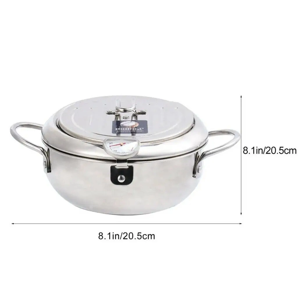 Deep Frying Pot Thermometer Lid 304 Stainless Steel Kitchen Tempura Fryer Pan