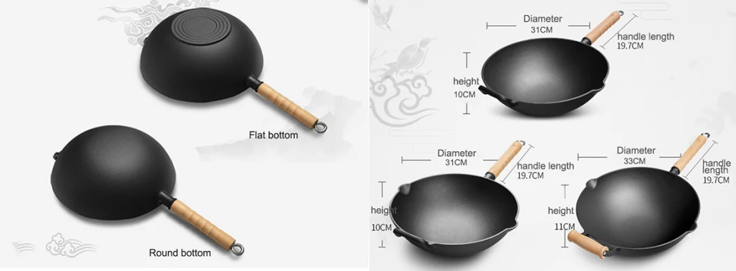 Wholesale Flat Bottom Cast Iron Nonstick Large Size Wok with Double Wooden Handle Cookware