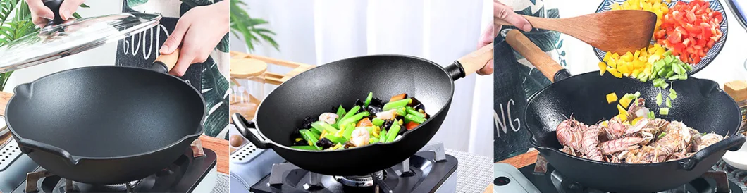 Wholesale Flat Bottom Cast Iron Nonstick Large Size Wok with Double Wooden Handle Cookware