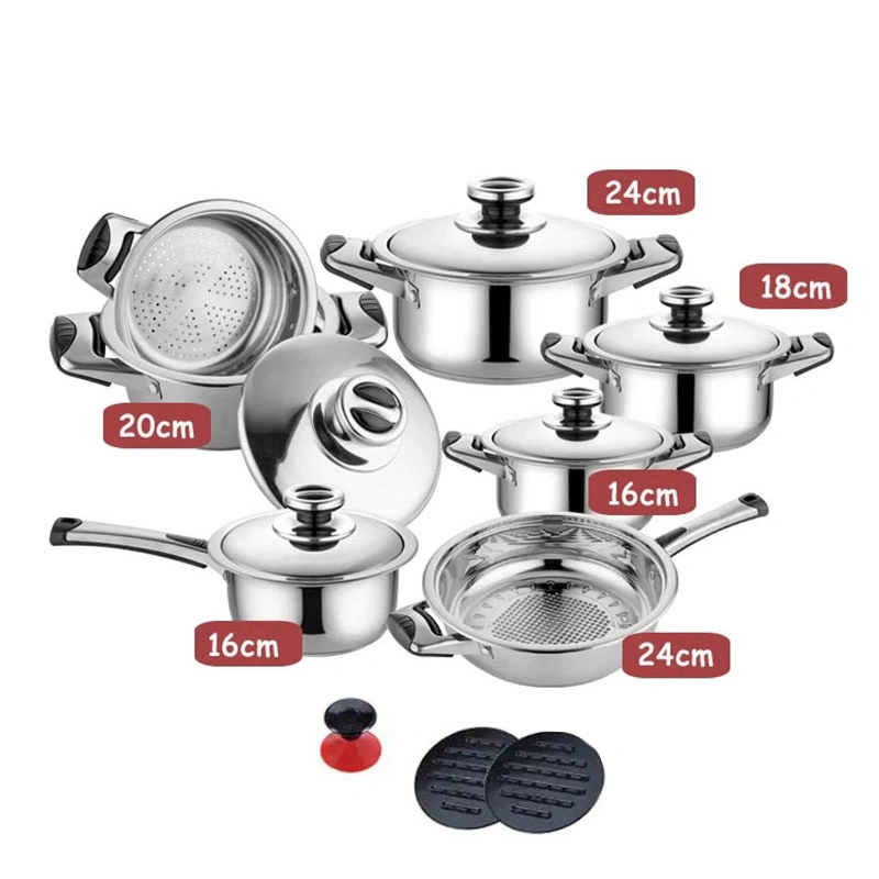 16 Pieces Stainless Steel Cookware Sets with Frying Pans Saucepan Stockpot Saute Pan with Thermometer Lid