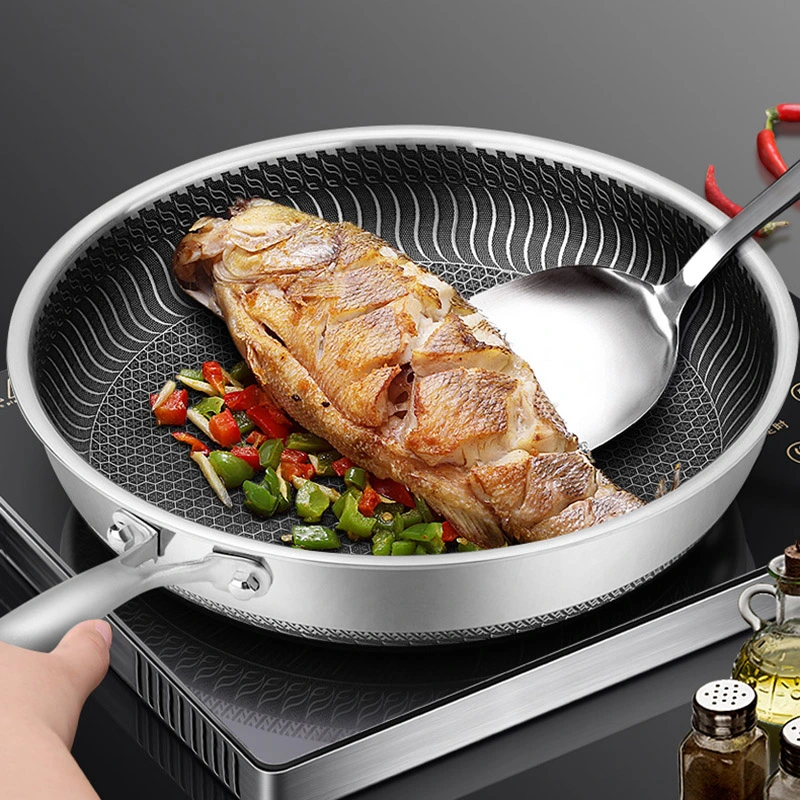 12 Inch Heavy Duty 304 Stainless Steel Nonstick Frying Pan with Glass Lidtriply Stir Kitchenware Wok for Gas and Induction Stovetops
