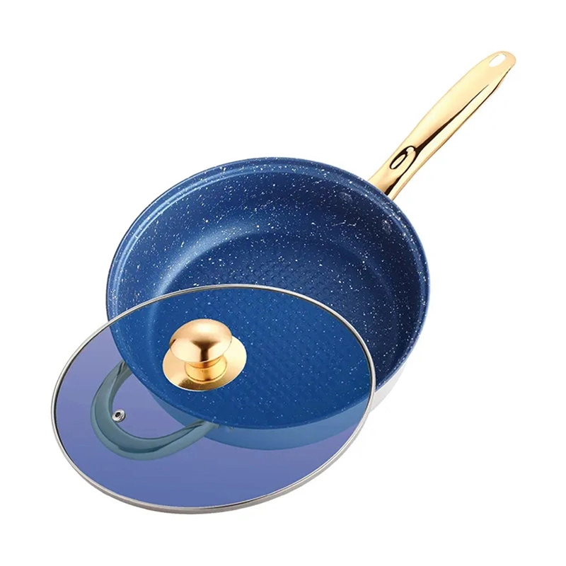 Factory Wholesale 22/24/26cm Non Stick Frying Pan Blue Glass Lid Stainless Steel Kitchen Cook Pans Cookware Cooking Fry Pan with Golden Handle