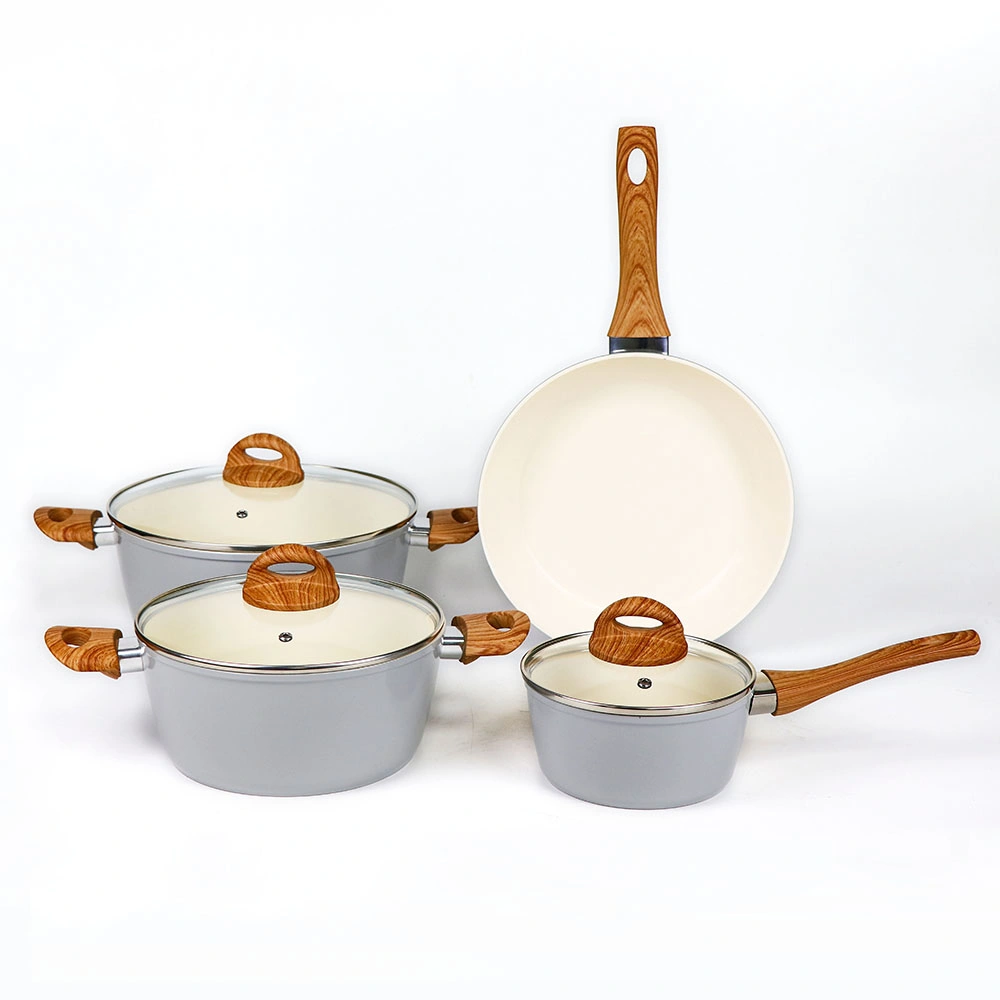 7 Pieces Cream Ceramic Pan and Pot Set Forged Aluminum Nonstick Pans with Induction Base and Glass Cover