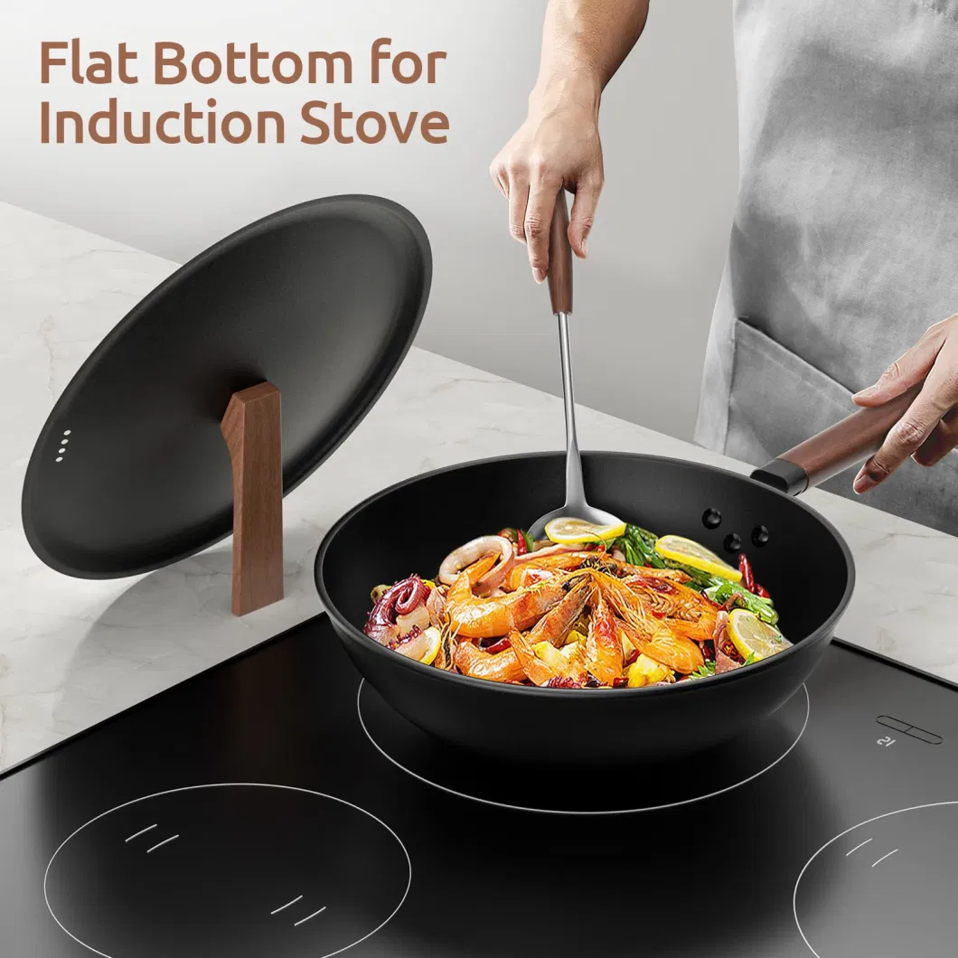 Carbon Steel Wok Stir-Fry-Pan with Lid Flat Bottom Cookware Electric Gas Available