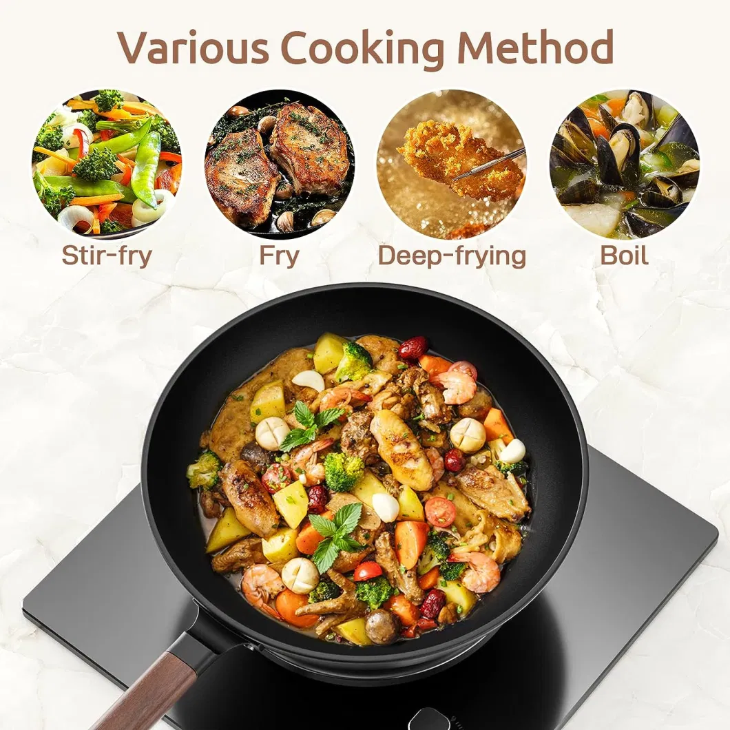 Light Weight Die-Casting Non Stick Kitchen Cooking Wok Cast Iron Wok with Glass Lid and Wooden Handle