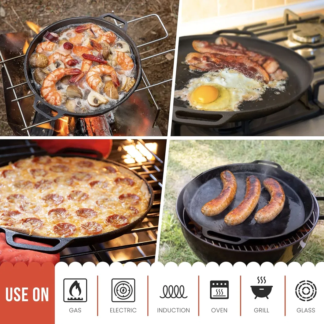 Pre-Seasoned Cast Iron Pizza Pan Skillet for Baking Roasting Frying Induction Cooking Cast Iron Bakeware Pan