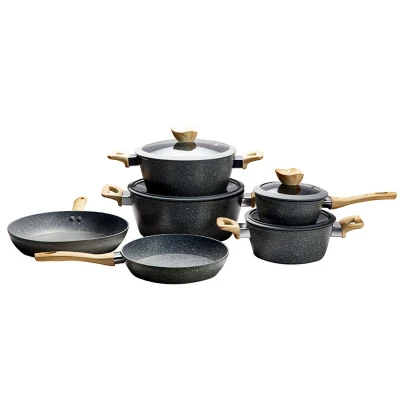 Ollas de cocina antiadherente recubiertas de mármol Pans tapas de vidrio freír Juego de utensilios de cocina para sartenes