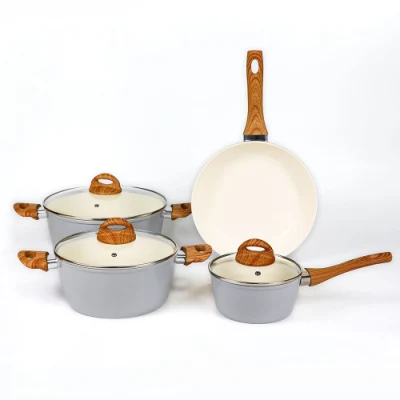 7 piezas Cream Ceramic Pan and Pot Set aluminio forjado Latas antiadherentes con base de inducción y cubierta de vidrio