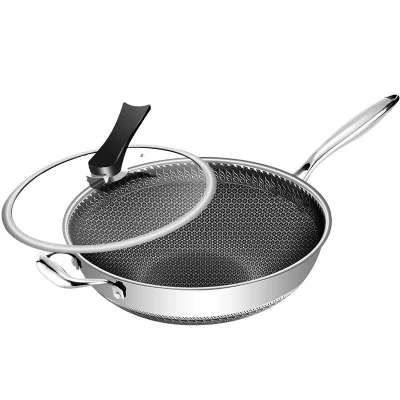 Menaje de cocina de acero inoxidable en forma de panal de metal multifunción Recubrimiento anti-adherente sartén Wok con tapa de cristal