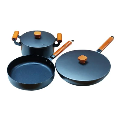 Wok y sartén de hierro fundido no coating, Woks tradicionales chinos hechos a mano con wok de madera