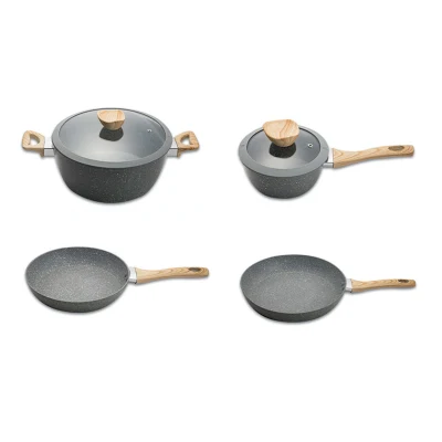 Ollas de cocina antiadherente recubiertas de mármol Pans tapas de vidrio freír Juego de utensilios de cocina para sartenes