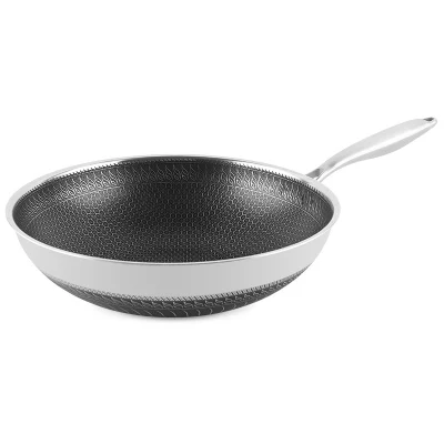 Wok sartén de acero inoxidable con asa y tapa de cristal No Stick