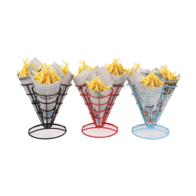 Soporte de canasta metálica de pintura de cono de novedad al por mayor para papas fritas.